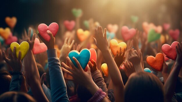Group diverse people with arms hands raised towards hand painted hearts charity donation volunteer work support assistance multicultural community people diversity generative ai illustrator 993599 4312