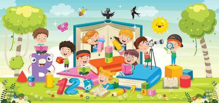 Cartoon children playing around books